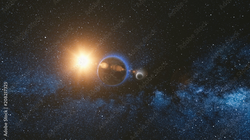 Obraz premium Sunrise view from space on Planet Earth and Moon rotating in space. Blue sky Milky Way with thousand stars in the background. Astronomy and science concept. Elements of image furnished by NASA