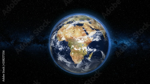 Realistic Earth Planet, rotating on its axis in space against the background of the Milky Way star sky. Astronomy and science concept. Continents and oceans. Elements of image furnished by NASA