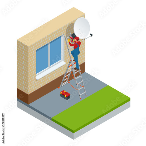 Isometric male technician in uniform installing TV Satellite dish on wall. Adjustment of a satellite plate. Vector illustration