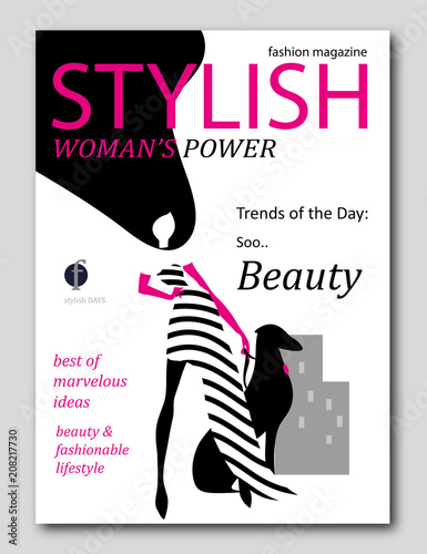Abstract woman silhouette with with dark hair and pink gloves with dog in Pop Art style. Fashion magazine cover design.