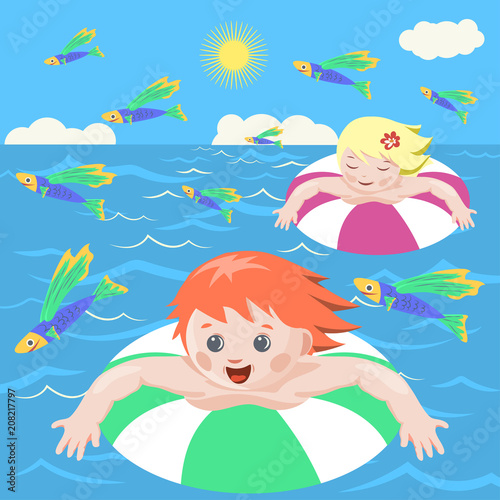 Children at sea. Vector illustration of a boy and a girl who are swimming in the sea.