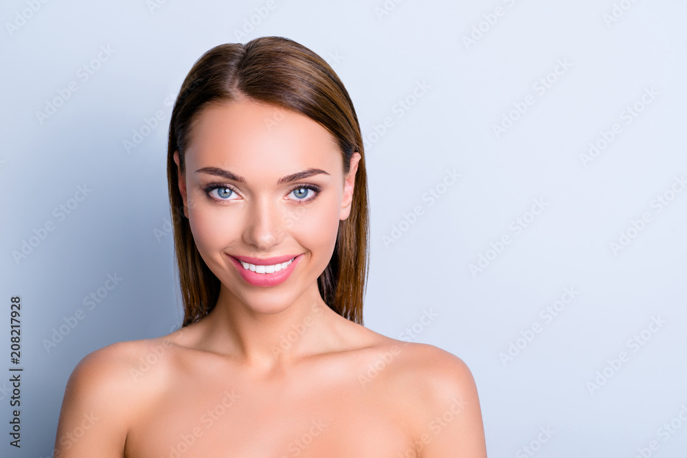 Dental denstist whitening stomatology teethcare care tooth concept. Close up portrait of attractive girl with beaming smile isolated on gray background Dental denstist whitening stomatology teethcare care tooth concept. Close up portrait of attractive girl with beaming smile isolated on gray background