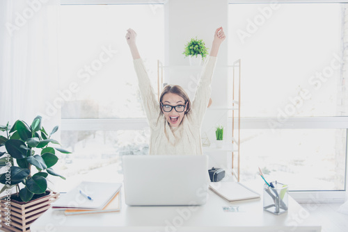 Portrait of positive glad woman holding hands up yelling looking at screen of laptop celebrating achievement successfully completed job project presentation
