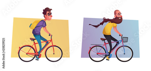 Funny man with long beard ride a bike. Vintage bicycle. Cartoon vector illustration
