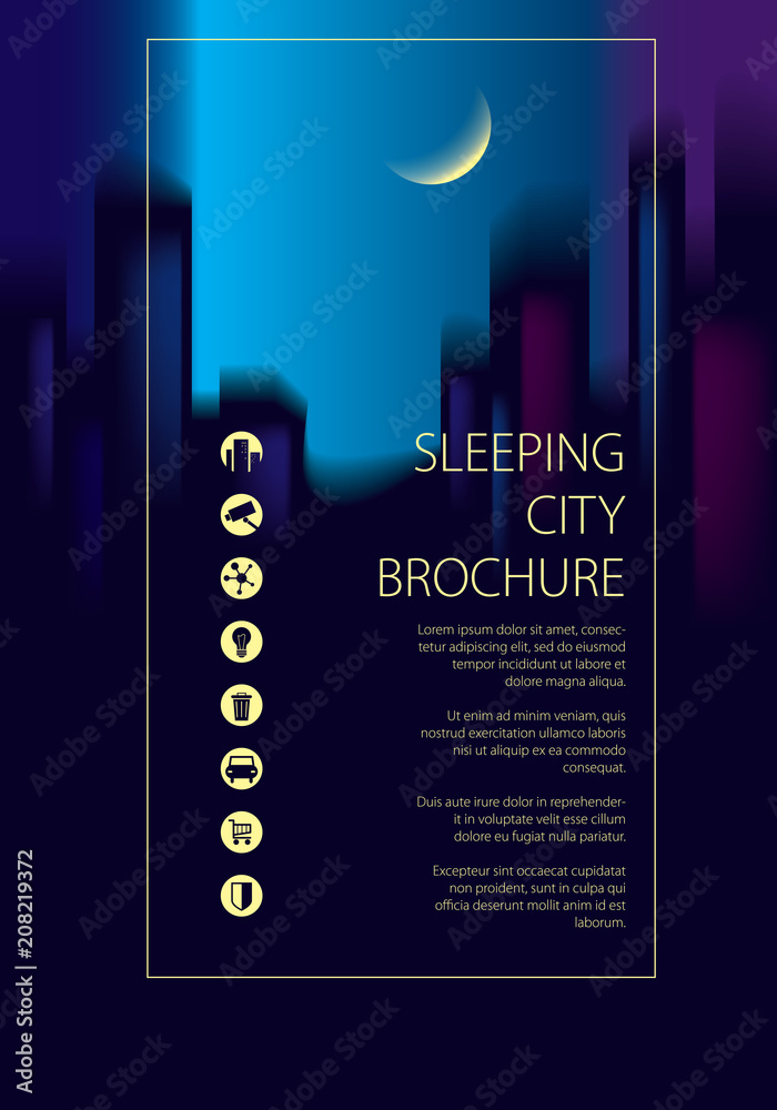 Fototapeta premium Night city skyline traveling tourist guide book. Brochure, flyer, cover, poster or guidebook template. Vector modern illustration.