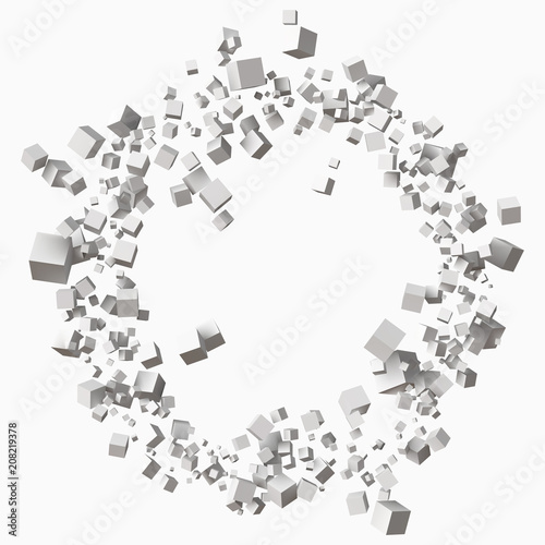 different size white cubes in circular orbit. 3d style vector illustration
