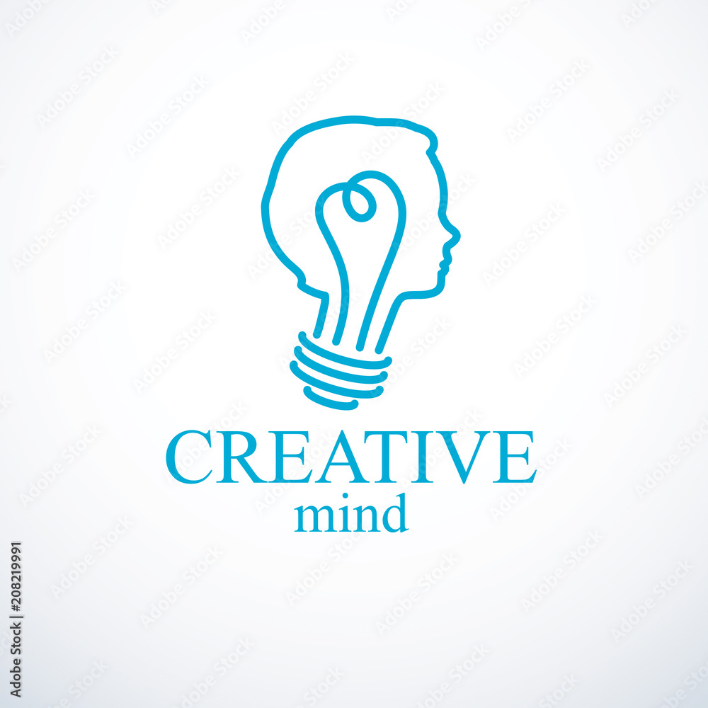 Creative brain concept, intelligent person vector logo. Light bulb in a shape of child head profile. Bright mind, thinking and brainstorming idea icon. Creative brain concept, intelligent person vector logo. Light bulb in a shape of child head profile. Bright mind, thinking and brainstorming idea icon.