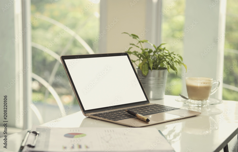 Open laptop and blank screen for mockup template advertising and branding technology background. Open laptop and blank screen for mockup template advertising and branding technology background.