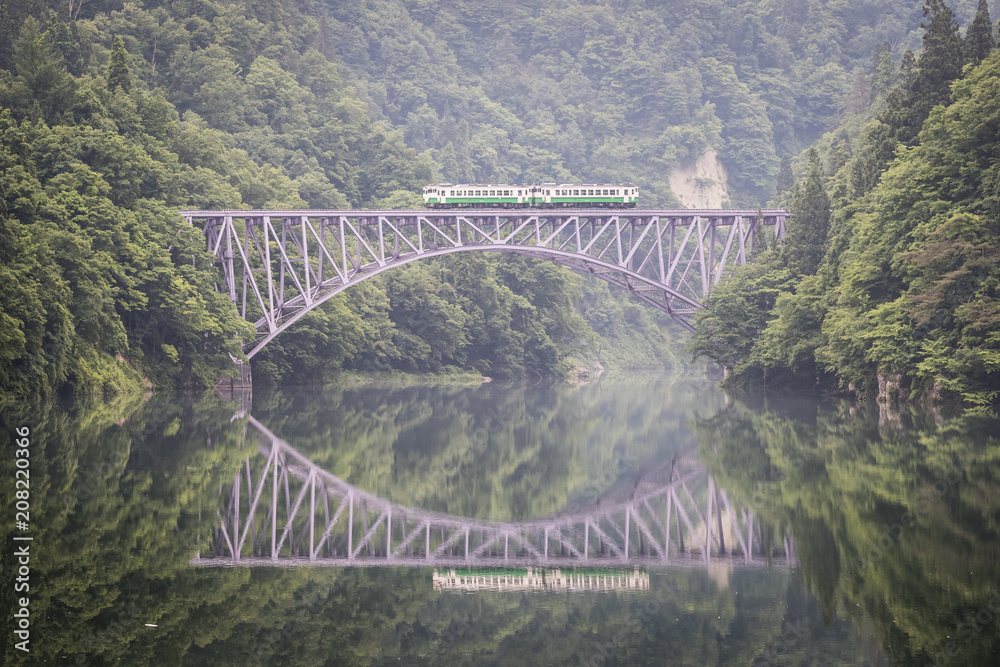 Fototapeta premium Tadami railway line and Tadami River in summer season at Fukushima prefecture.
