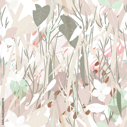 Military camouflage texture with trees, branches, grass and watercolor stains