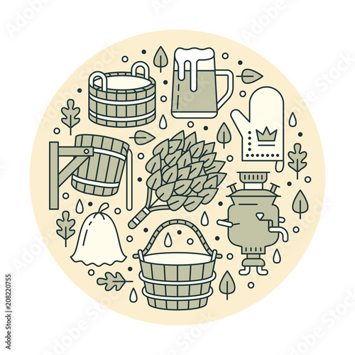 Sauna, steam bath room banner illustration with flat line icons. Bathroom equipment birch, oak broom, bucket, beer, samovar. Finnish, russian banya. Circle template thin linear signs spa green poster.