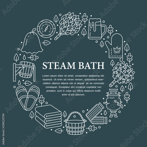 Sauna, steam bath room banner illustration with flat line icons. Bathroom equipment birch, oak broom, bucket, beer. Finnish, russian banya. Circle template thin linear signs spa dark green background.