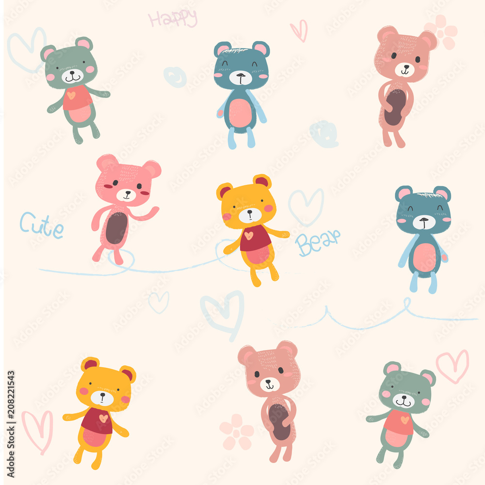 cute pastel teddy bears cartoon hand drawn for seamless background, and card