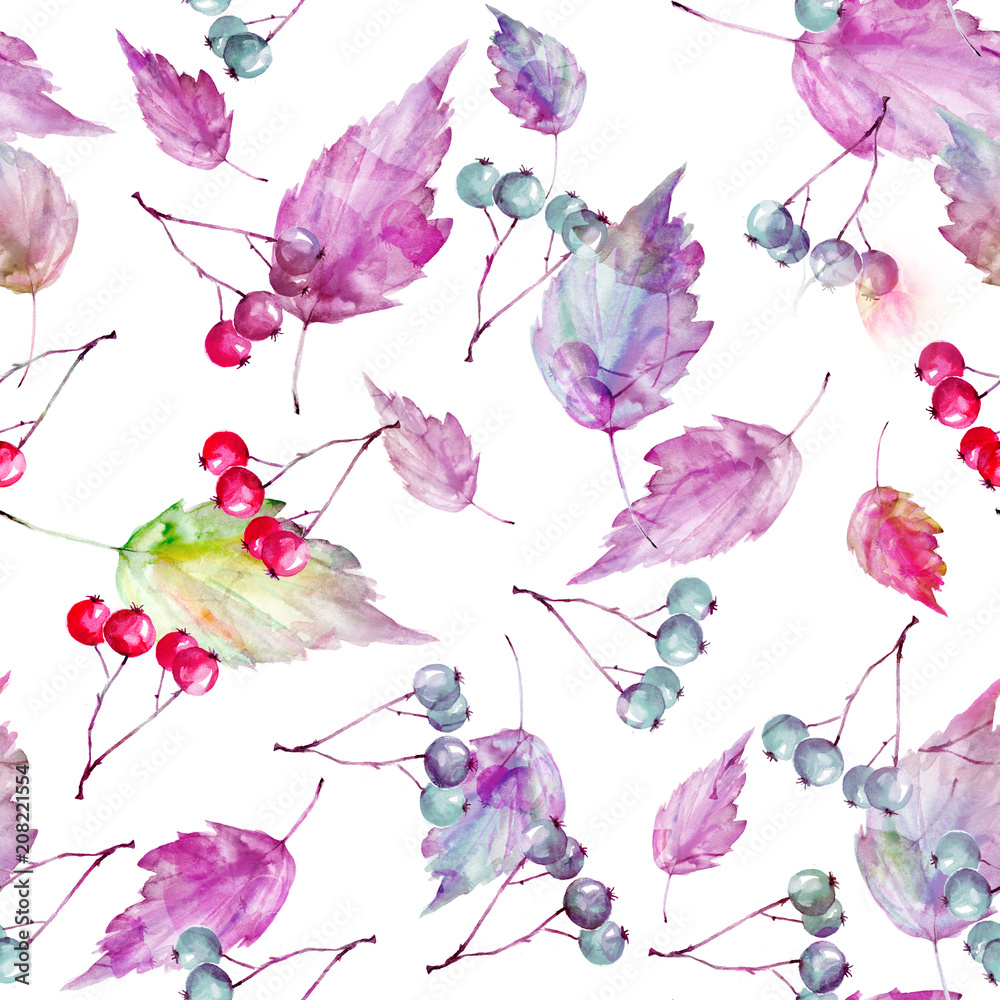 Watercolor vintage seamless autumn background. With paint divorces pink, purple, blue, purple, red, white. With autumn leaves, red berries. Beautiful, stylish stylish background.