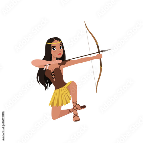 Beautiful amazon girl character shooting with an arrow, ancient warrior archer vector Illustration on a white background