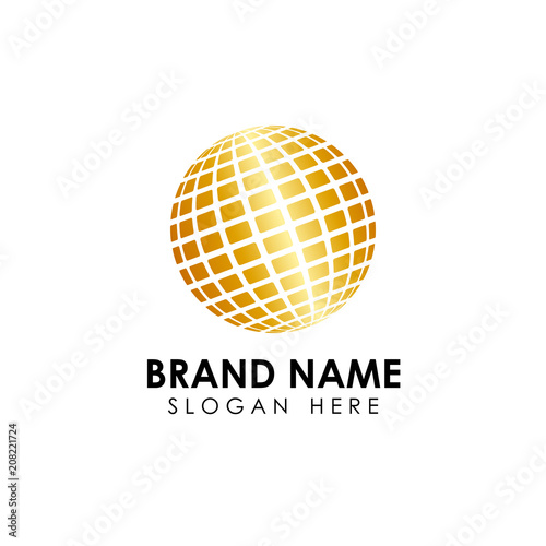 golden Stylized 3D spherical surface. digital globe icon. This logo is suitable for global company, world technologies and media and publicity agencies
