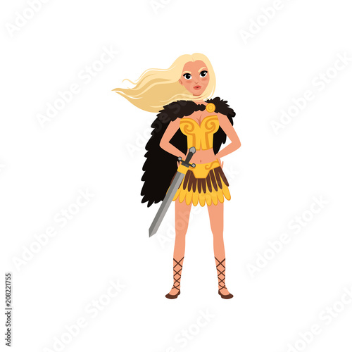 Beautiful blonde amazon girl character, ancient warrior with sword vector Illustration on a white background