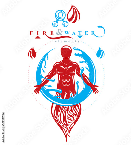 Vector illustration of human being standing, mythic ancient god. Prometheus surrounded by a water ball, water and fire diversity and harmony.
