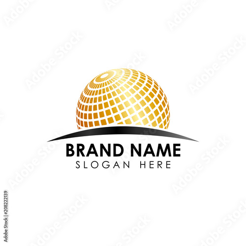 golden Stylized 3D spherical surface with  swoosh shape. digital globe icon. This logo is suitable for global company, world technologies and media and publicity agencies