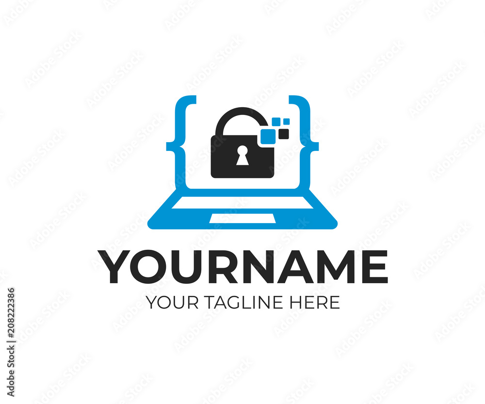 Digital security, anti hacking and coding, laptop with lock inside and pixels, logo template. Internet security and data protection, vector design, illustration Digital security, anti hacking and coding, laptop with lock inside and pixels, logo template. Internet security and data protection, vector design, illustration