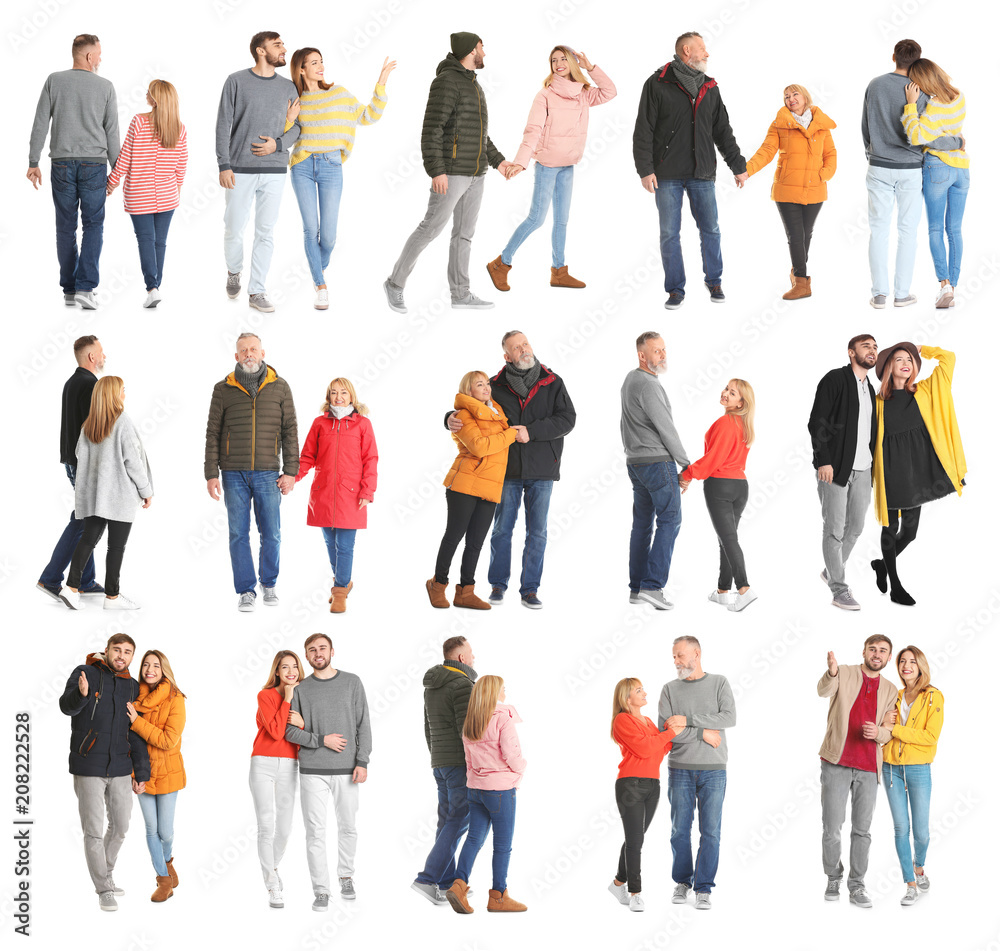 Collage with couples in casual clothes walking on white background