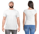 Young people in stylish t-shirts on white background, front and back views. Mockup for design