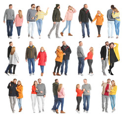Collage with couples in casual clothes walking on white background