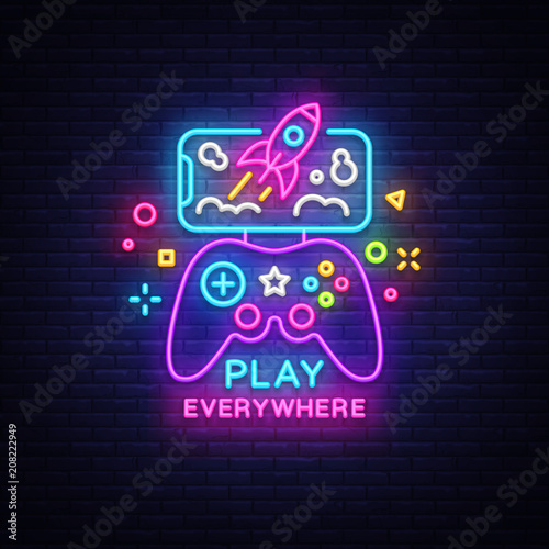 Gamepad and Smartphone neon sign vector. Games for Smartphone Logotype, Emblem in Modern Trend Design, Vector Template, Light Banner, Night Vivid Video Game Promotion, Design Element. Vector