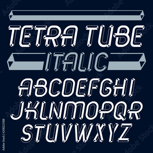 Vector upper case modern alphabet letters set. Artistic italic font,  typescript for use in logo creation. Made using packaginghedral packaging tube design.
