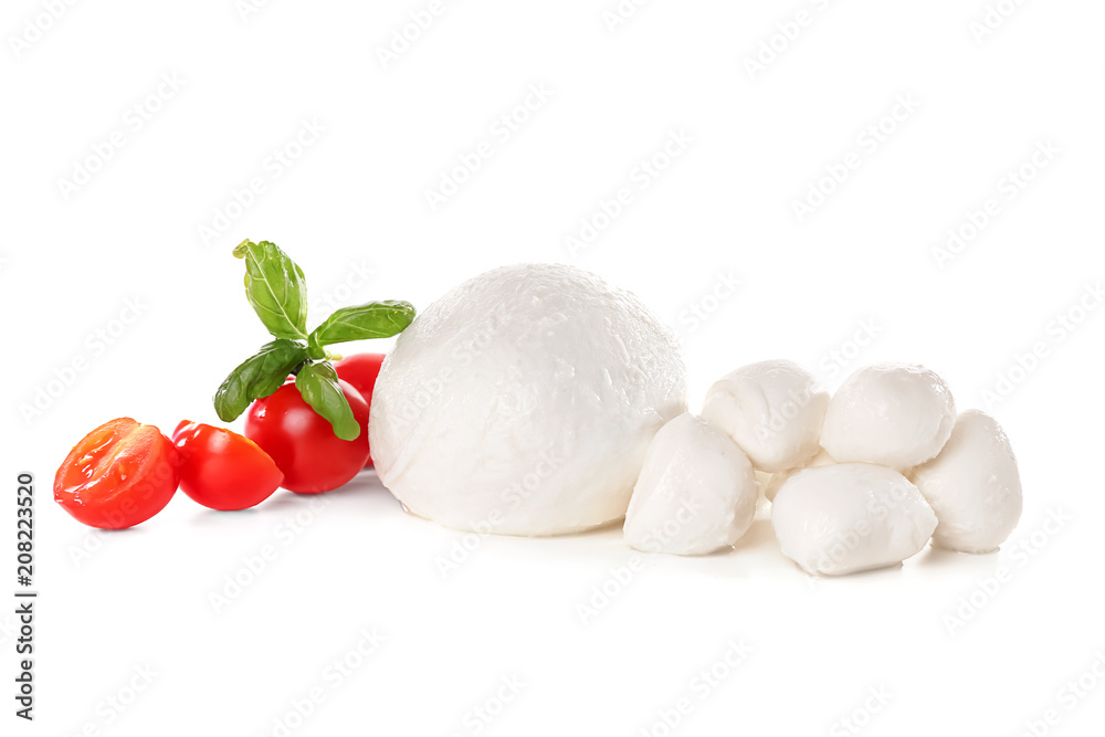 Mozzarella cheese, cherry tomatoes and basil on white background