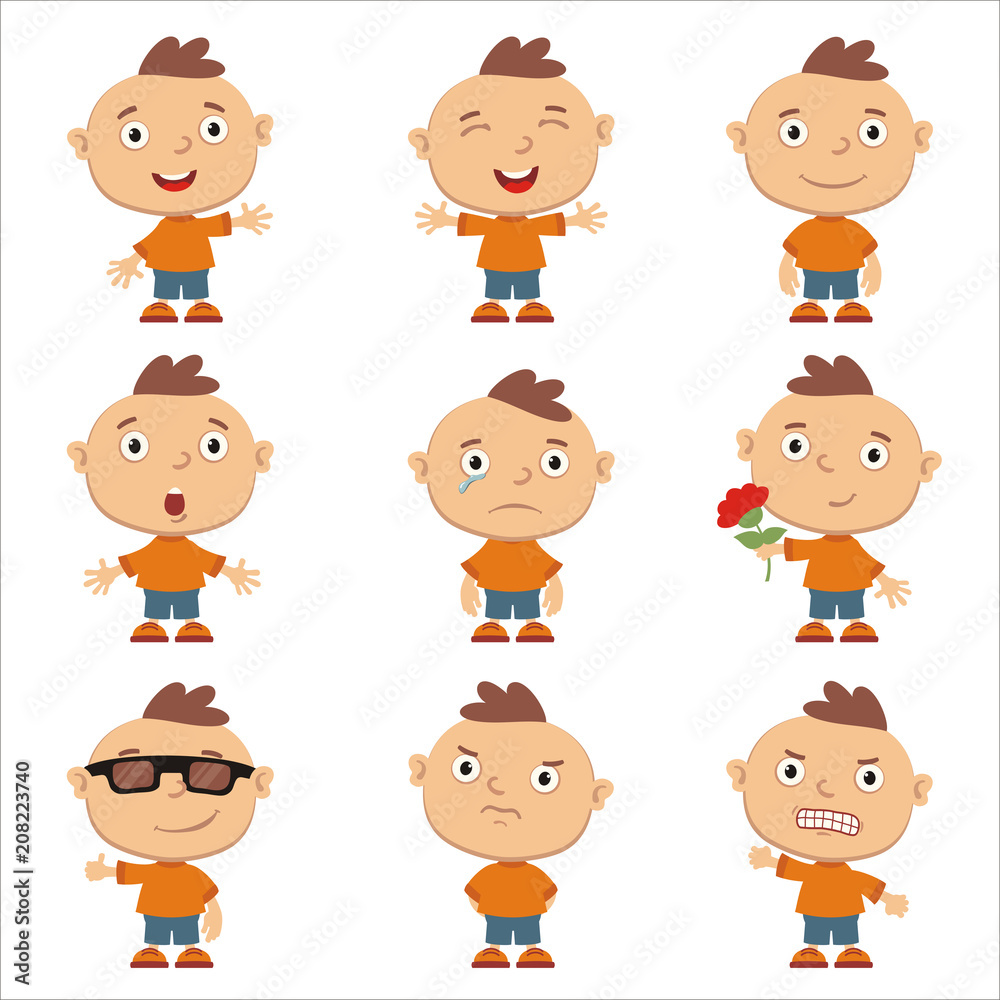 Set of little funny boy in different poses and emotion isolated on white background.
