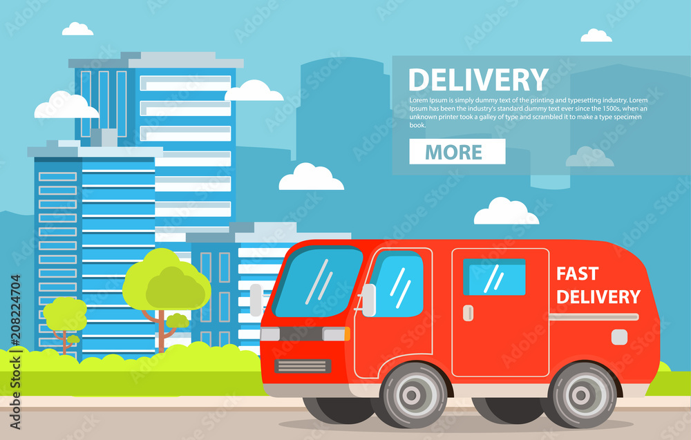 Car delivery service.Vehicle van truck cargo transportation. City Urban landscape building tower skyscrapers.Concept fast shipping. Car delivery service.Vehicle van truck cargo transportation. City Urban landscape building tower skyscrapers.Concept fast shipping.