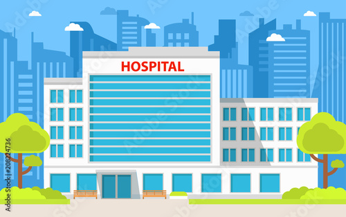 Hospital building. Medical institution.City ambulance medical care.Healthcare facility.Flat style vector.Facade of improving and health center.Architecture  clinic.Urban tower skyscrapers.Trees,bushes