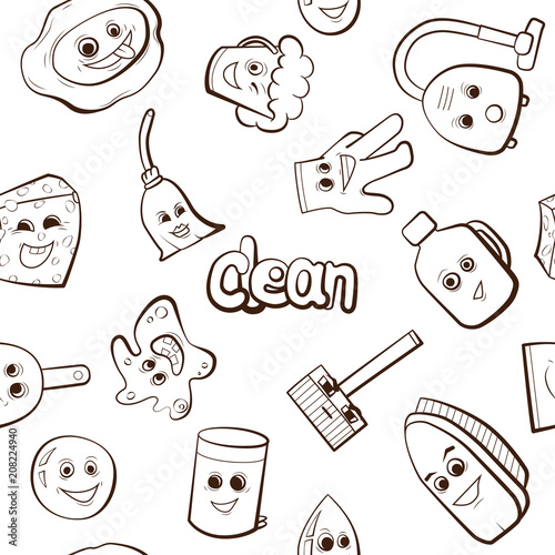 Cartoon items for cleaning. Maid job vector illustration. Seamless pattern background.
