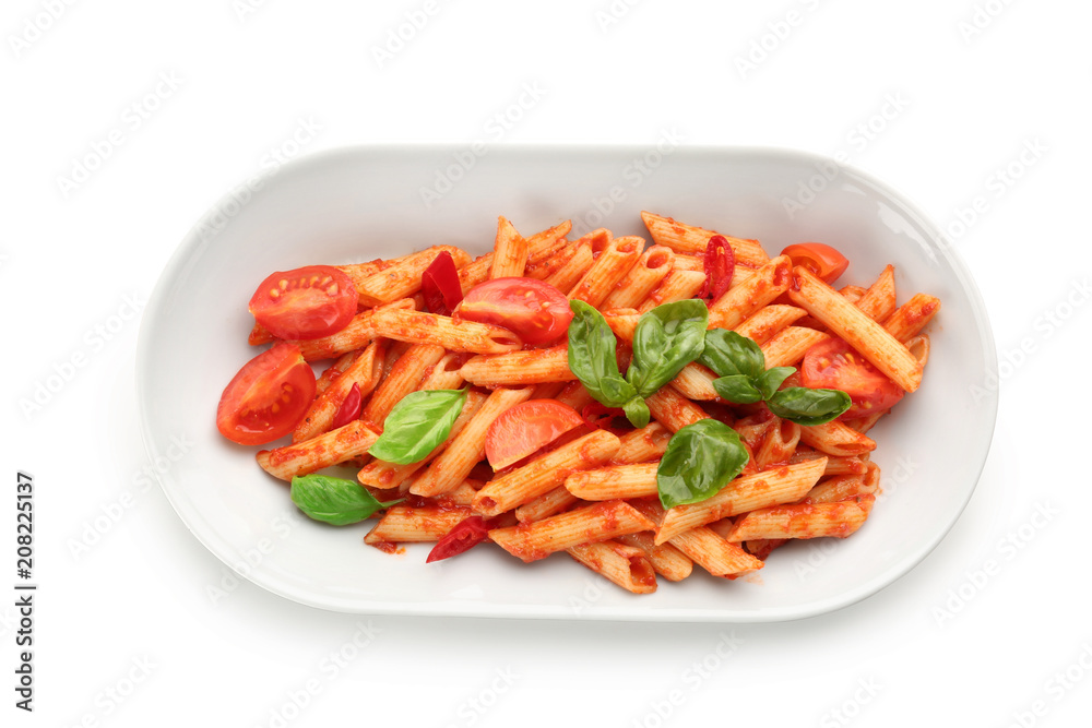 Plate of tasty pasta with tomato sauce on white background