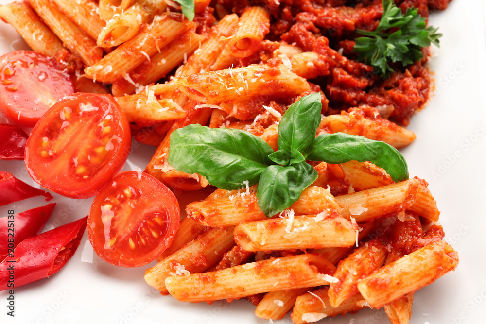 Tasty pasta with tomato sauce, closeup Tasty pasta with tomato sauce, closeup