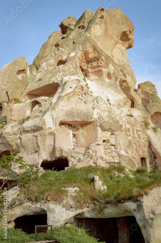 low angle view of old cave dwellings at Goreme National Park, Cappadocia, Turkey
