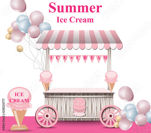 Ice cream stand with balloons Vector. Summer background. Birthday card or eve...