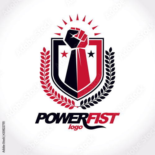 Vector symbol created using clenched fist of athletic strong man, protection shield, bird wings and different graphic elements. Fighter club conceptual logo.