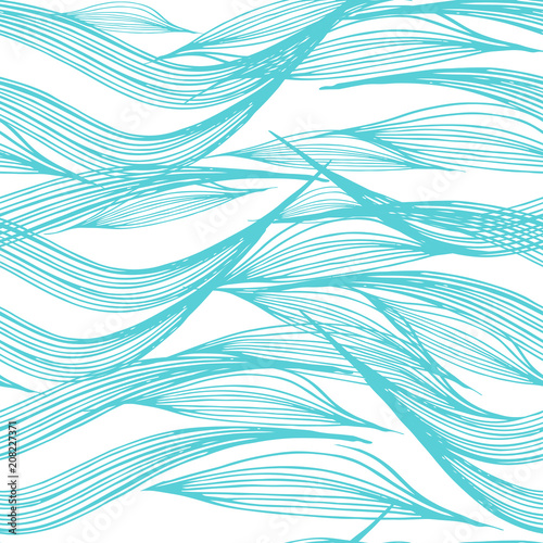 Abstract light blue waves seamless line pattern on white background