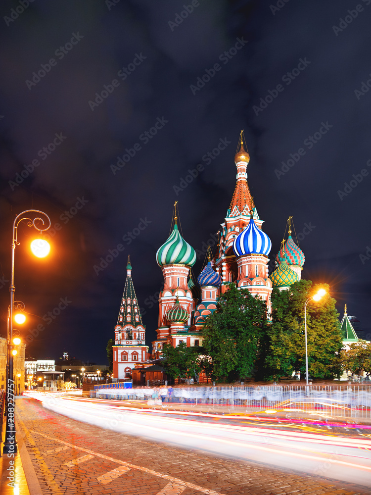 Night view on illuminated famous Saint Basil Cathedral on Red Square. Long exposure. Moscow, Russia.