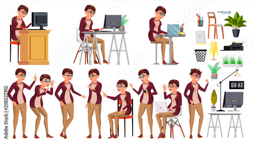 Office Worker Vector. Woman. Successful Officer, Clerk, Servant. Business Woman Worker. Face Emotions, Various Gestures. Isolated Flat Illustration © PikePicture