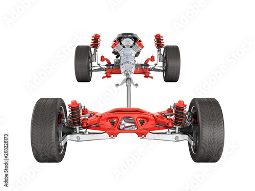 Suspension of the car with wheel and engine Undercarriage in detail isolated on white background 3d without shadow
