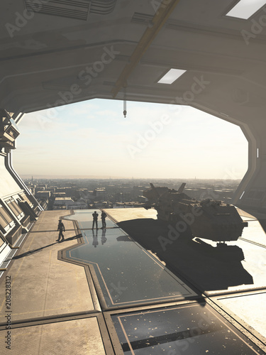 Spaceship Hangar overlooking a Future City - science fiction illustration © Algol