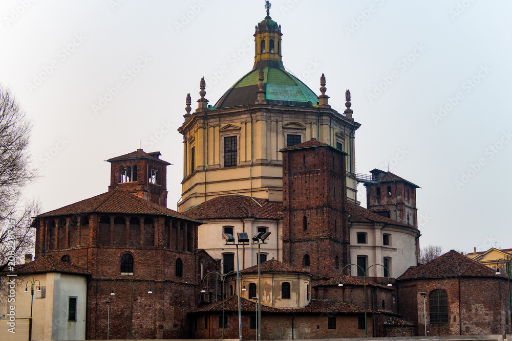 Milan, Italy Basilica di San Lorenzo Maggiore facade. External day view of Basilica of Saint Lawrence Roman Catholic Church, one of the oldest in Milano.