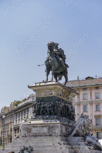 Milan, Italy Duomo Square King Victor Emmanuel equestrian monument. Piazza Del Duomo Vittorio Emanuelle II bronze sculpture.