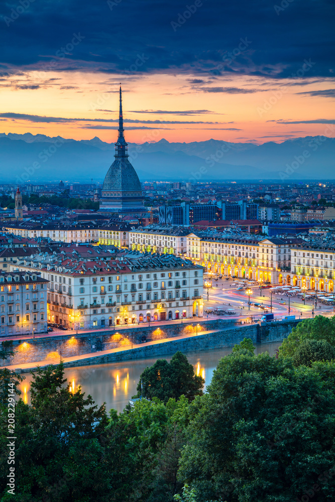 Turin. Aerial cityscape image of Turin, Italy during sunset.