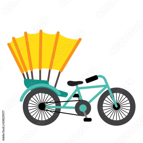 Trishaw transportation cartoon character side view isolated on white background vector illustration.