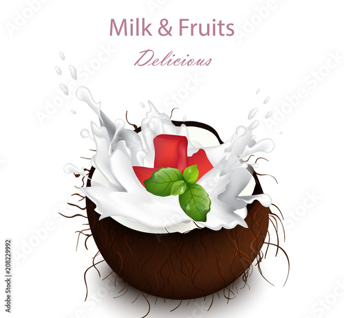Coconut milk splash Vector. Delicious natural drink
