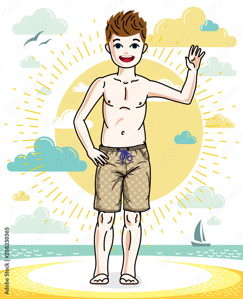 Cute happy young teen boy posing in colorful stylish beach shorts. Vector beautiful human illustration. Childhood lifestyle cartoon.